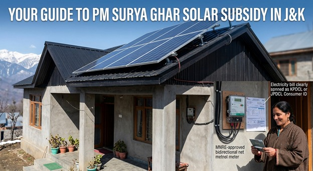 A woman standing happily next to her small house with a solar system installed